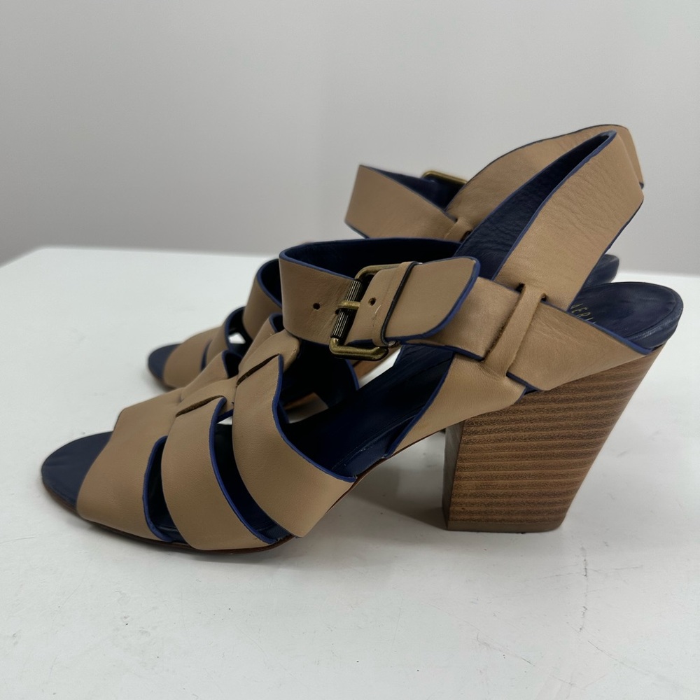 Aerin Leather Stacked Heel Sandal Tan Camel and Blue Straps Womens 8